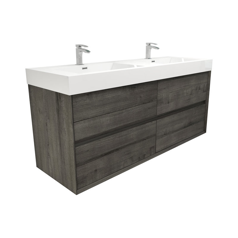 Ensemble de meuble-lavabo mural double l 59 po Jayden-James, Chêne Somoke