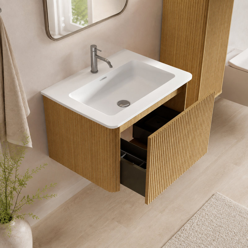Meuble-lavabo suspendu de 61 cm avec lavabo en surface solide blanche, armoire de salle de bain murale en chêne naturel rayé, meuble-lavabo moderne préassemblé