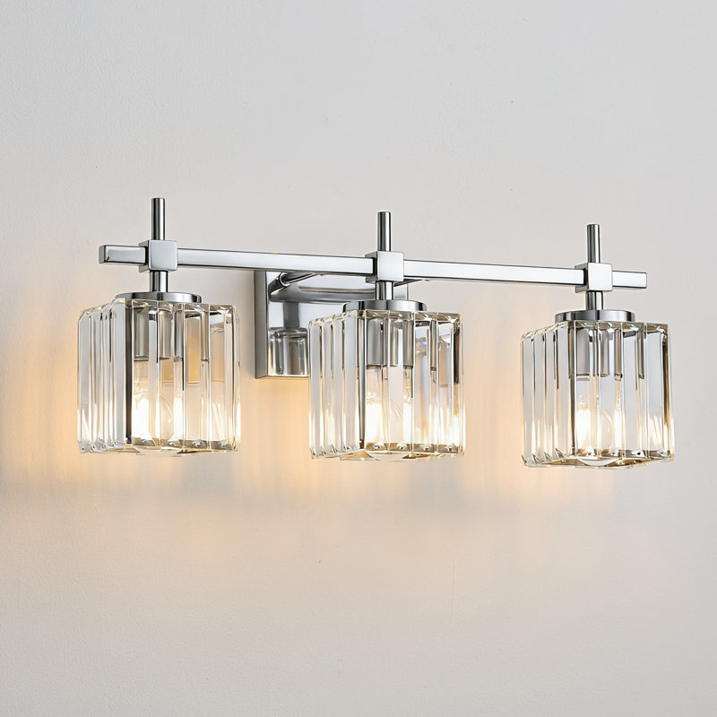 3 - Light Chrome Modern Elegant Luxury Dimmable Bathroom Vanity Light With Square Crystal Shade, Chrome