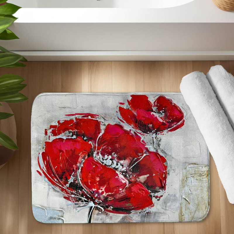 Abstract and texturized red flowers Bath Mat with Non-Slip Backing - Quick Dry Memory Foam Bathroom Rug - Absorbent - Modern Plush Spa-Style - Machine Washable