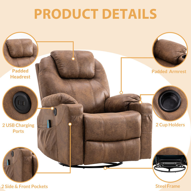 Upholstered Heated Massage Chair, Brown Microfiber/Microsuede