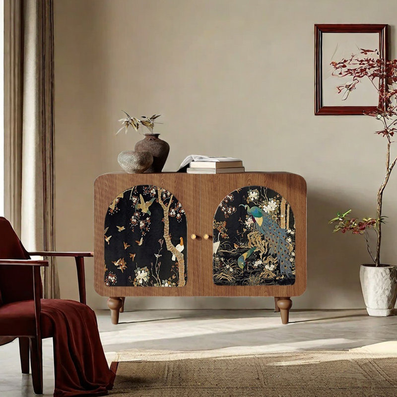 Armoire d'appoint grande capacité à motif artistique, Noyer clair