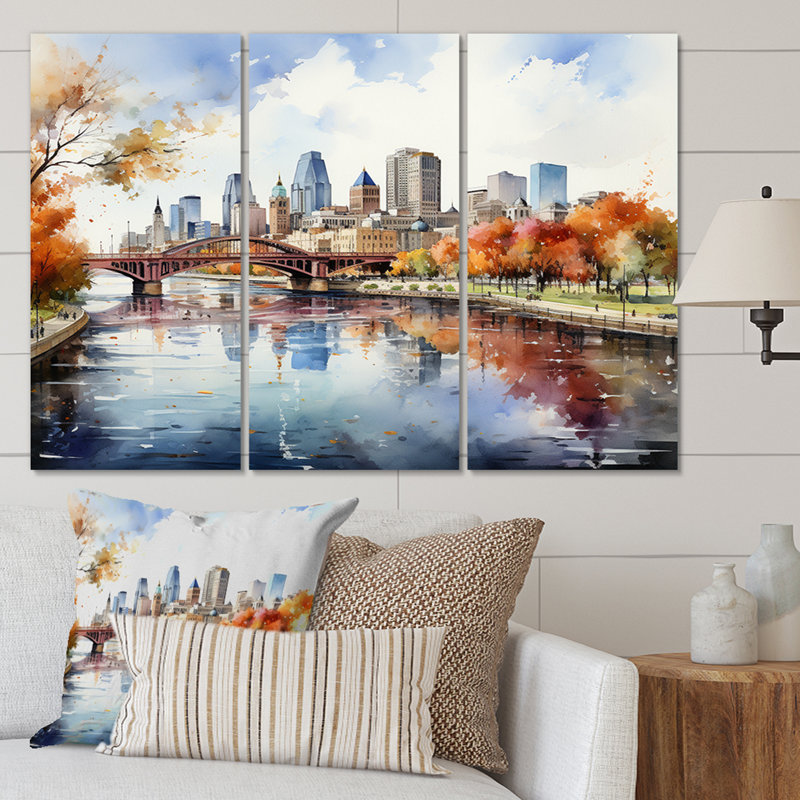 «Minneapolis City In Autumn I», reproduction sur toile 3 pièces, H 40 po x l 60 po x P 1 po