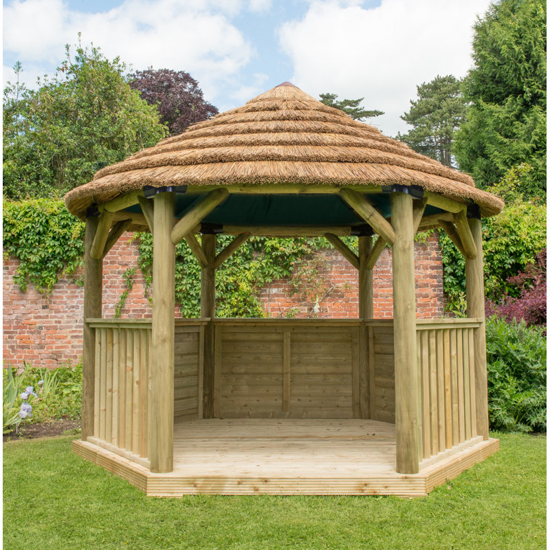 4 x 3.5m Solid Wood Gazebo, Country Thatch/Green Roof Lining