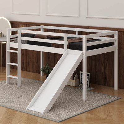 Twin Size Rubber Wood Low Loft Bed – Slide, Ladder & Safety Guardrails