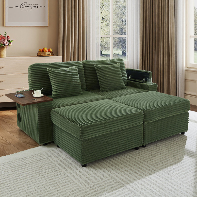 Canapé d'angle convertible en velours côtelé avec bureau pivotant à 360° pour ordinateur portable, haut-parleur Bluetooth, port USB et accoudoir de rangement - Canapé moderne pour petits espaces avec pouf pour appartement