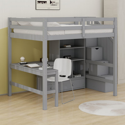 Loft Bed With L-Shaped Desk And Drawers, Cabinet And Storage Staircase