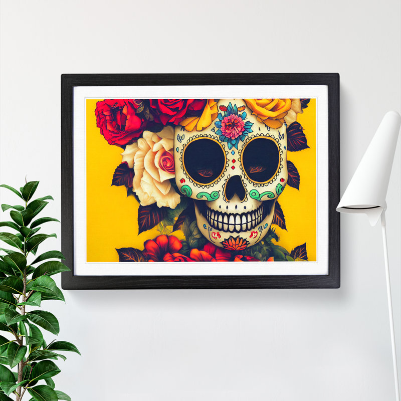 Magnificent Floral Sugar Skull - Single Picture Frame Print, Black, 34cm H x 46cm W x 2cm D