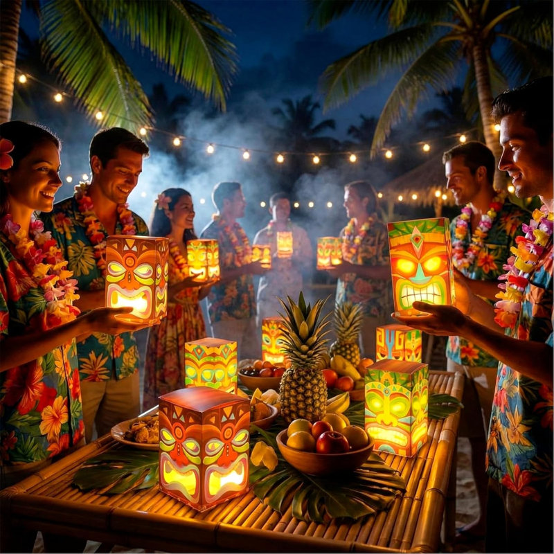 24 boîtes de décoration de totem Tiki illuminées, décorations de bar tiki tropical Aloha Hawaiian Luau, décorations de table lumineuses pour une fête intérieure ou extérieure sur le thème des survivants
