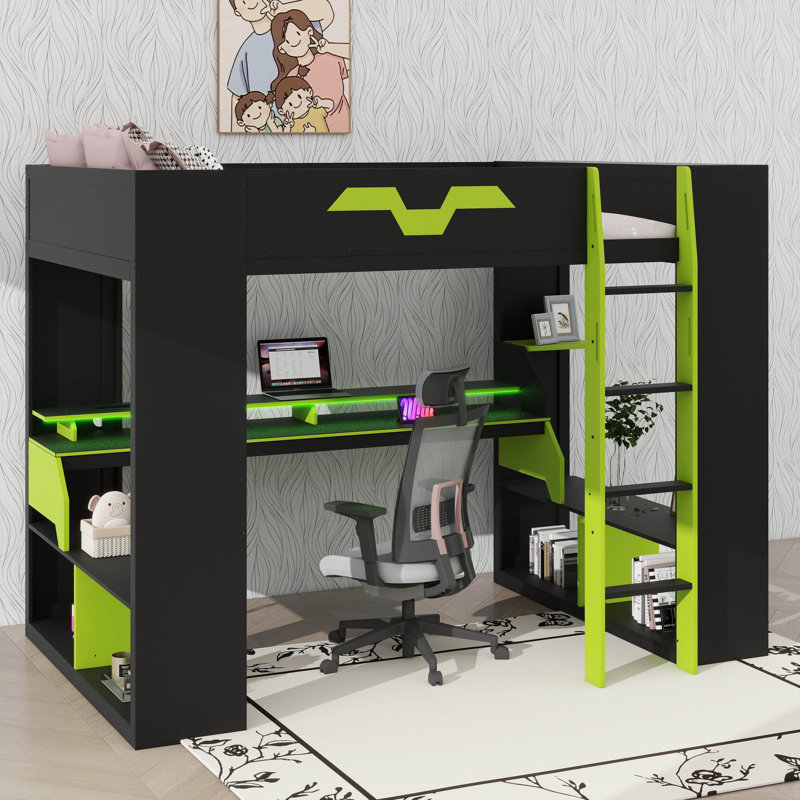 Full Size Wooden Loft Bed With Power Socket & USB/Type-C Connectors, Built-In Cable Organizer, And RGB Lighting, Black/Green