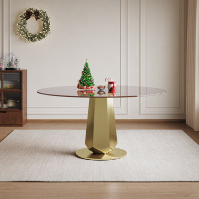 Table de salle à manger de luxe ronde avec plateau en verre fumé, table de cuisine moderne pour 4 à 8 personnes, base en acier inoxydable doré et assemblage facile, table de petit-déjeuner peu encombrante pour les appartements