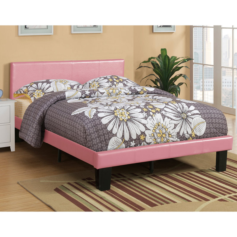 Cadre de lit plateforme simple et simple en similicuir rose avec lattes en bois