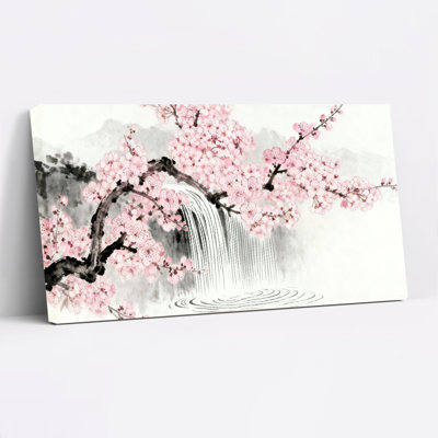Tableau à l'encre représentant une cascade de fleurs de cerisier, sur toile tendue (lot de 1).