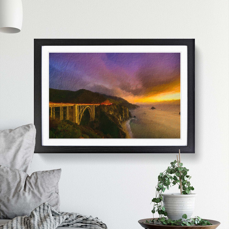 Bixby Bridge in California - Picture Frame Painting Print, 27cm H x 36cm W x 2cm D, Black Framed