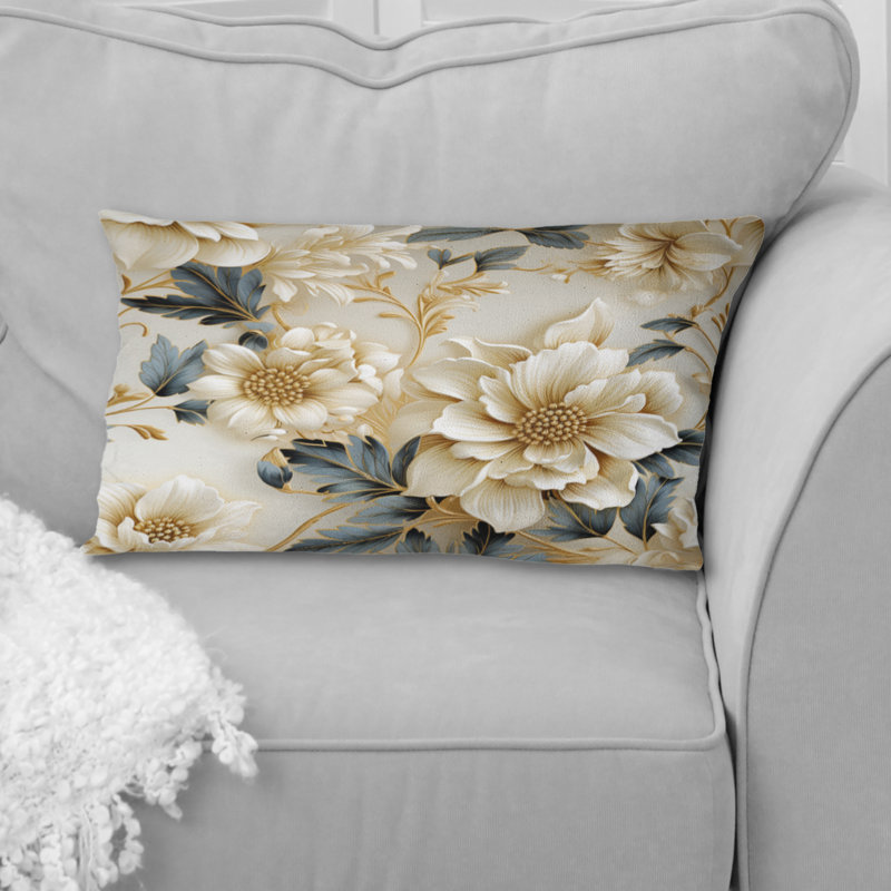 Coussin décoratif doré à motif de fleurs blanches et bleues Elegance II