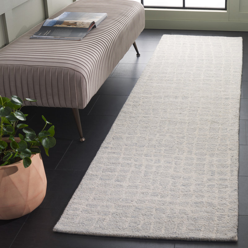 Lais Ebony Hand Tufted Wool/Cotton Checkered Rug in Ivory/Light Blue, Runner 2'3" x 9'