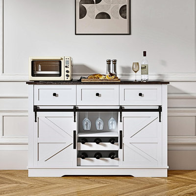Farmhouse Bar Cabinet With Wine Rack 54" Coffee Cabinet With Sliding Barn Doors, Adjustable Shelves Rustic Kitchen Cabinets With 3 Drawers For Dining Room