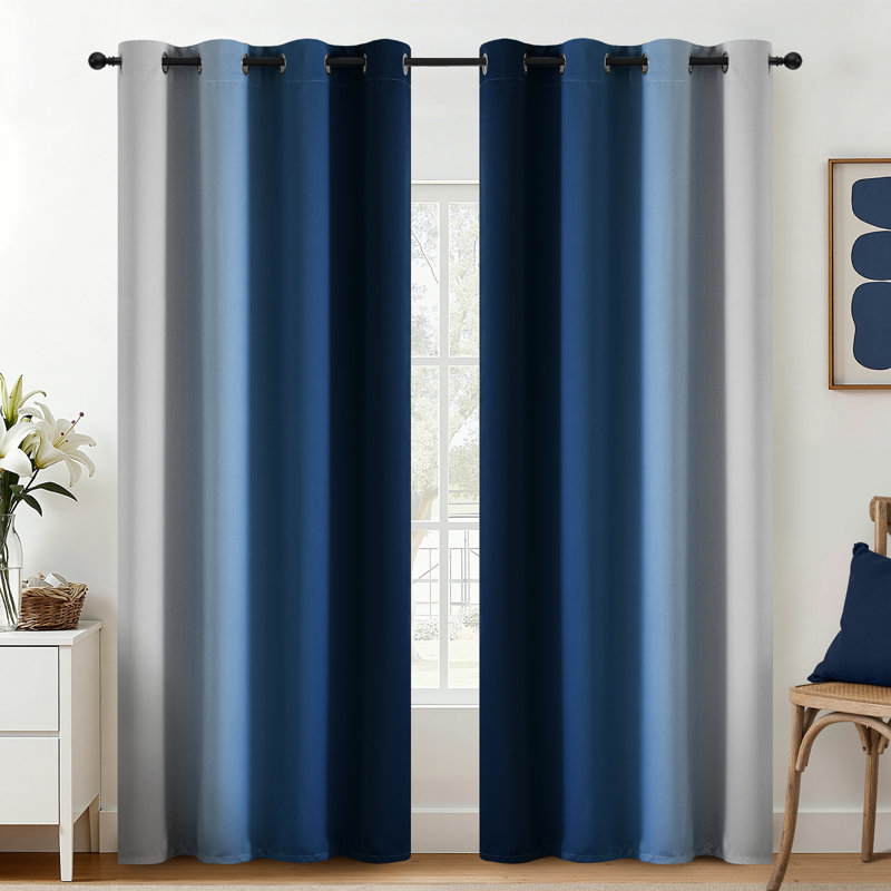 Rideaux isolants et isolants ombrés bleus, fenêtre à œillets dégradés 2 panneaux, L 52 po x L 84 po, Bleu / blanc grisâtre