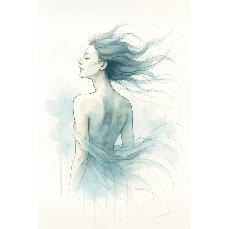 Vents de sérénité - aquarelle de cheveux qui coule et expression calme, H 24 po x l 16 po