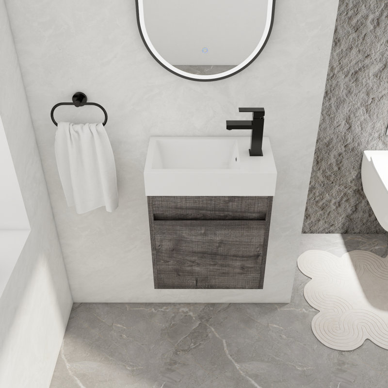 Meuble-lavabo flottant mural, Chêne gris carreauté