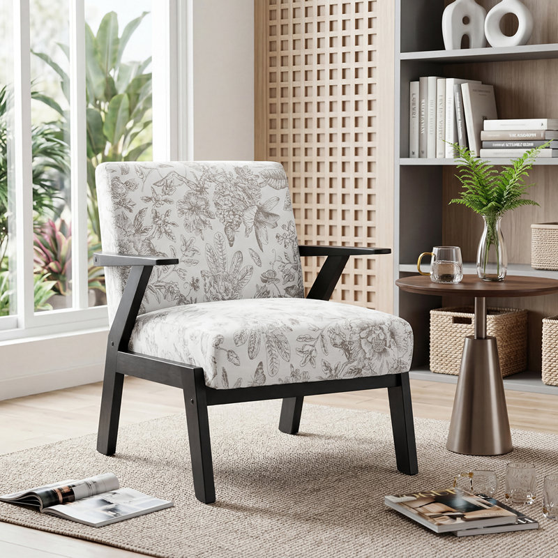 27. 16" W Floral Upholstered Accent Chair with Rubberwood Frame