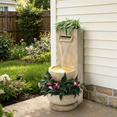 2.7-Ft Tall Polyresin Fountain with Planter, Lighted Outdoor Water Feature