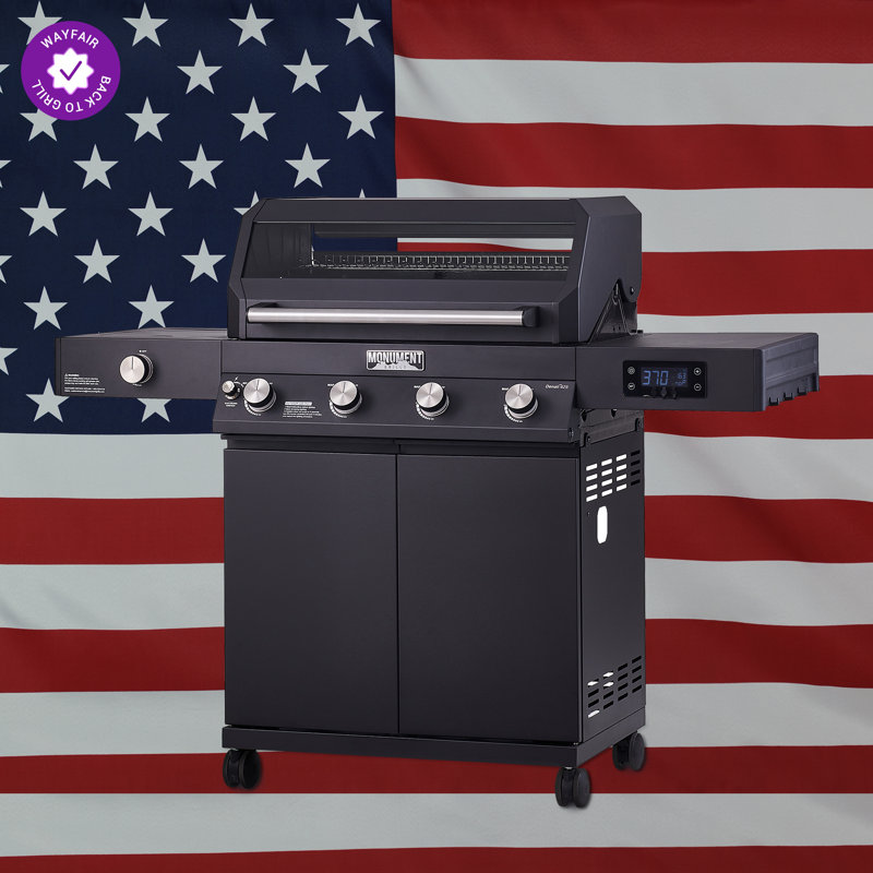 Monument Grills Denali 425 4-Burner Black Propane Gas Grill with ClearView Lid, Side Burner, Bluetooth App Control & LED Display – Ideal for Family BBQs