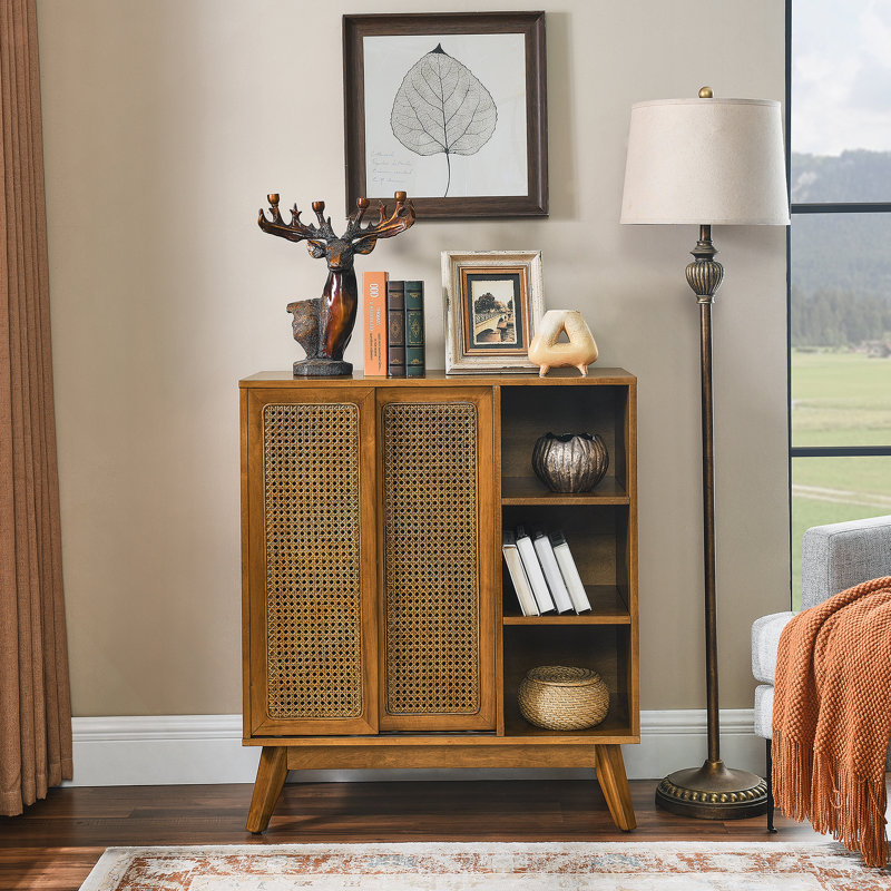 Storage Cabinet with open shelves and sliding doors, Natural