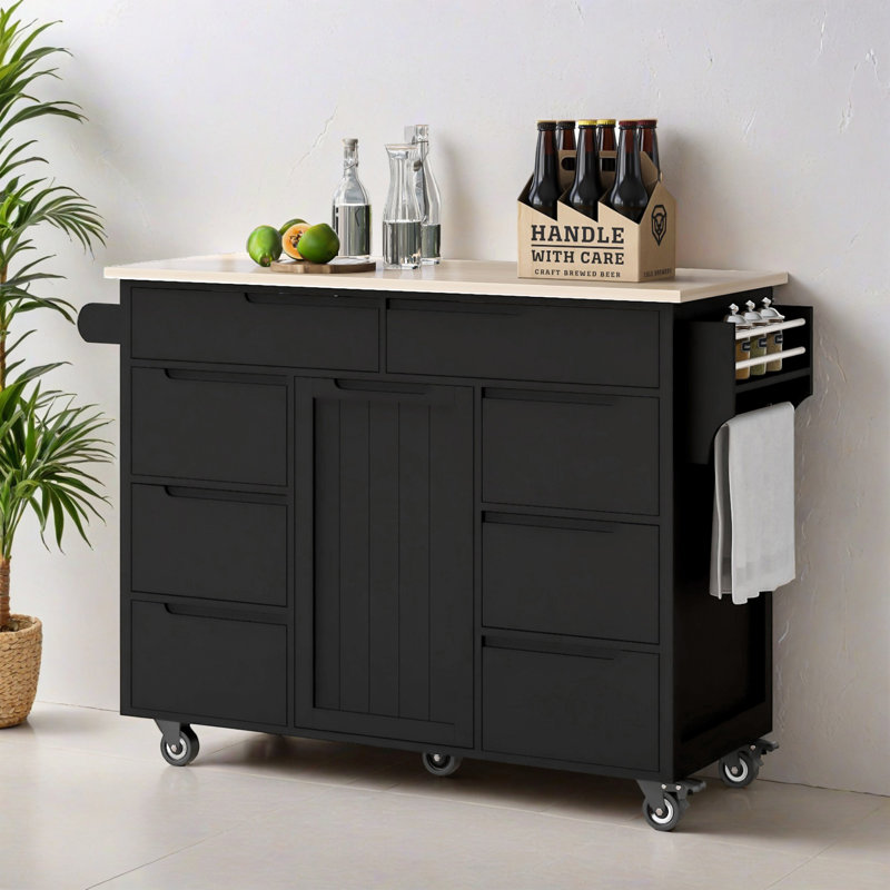 53.17" Rolling Mobile Kitchen Island with Solid Wood Top, Storage Cabinet and Drop Leaf Top, Spice Rack, Towel Rack for Kitchen, Dining Room
