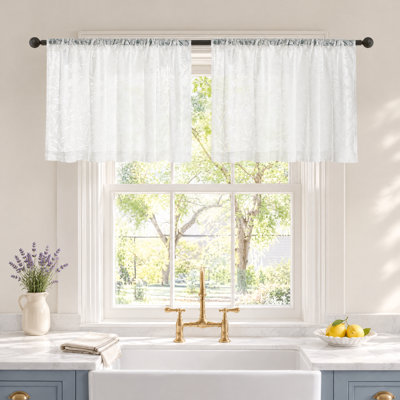 Kitchen Sheer Curtains 24 Inch Length 2 Panels Rustic Floral Cottagecore Lace Curtains for Girls Bedroom, Rod Pocket Light Filtering Privacy Sheer Window Drapes, 52 x 24 Inch, Ivory White