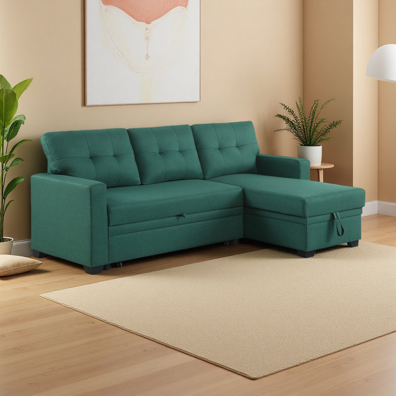 Canapé modulaire convertible rembourré avec méridienne coulissante, Orienté à droite, Vert