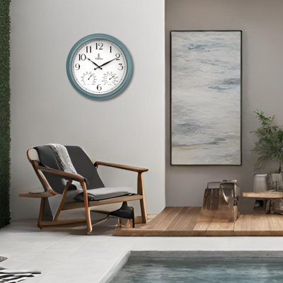 18 inch Outdoor Clocks for Patio Large Waterproof with Thermometer - Teal Blue Outdoor Clock with Temperature and Humidity for Wall - Weatherproof, Accurate & Easy to Read for Pool, Patio & Garden