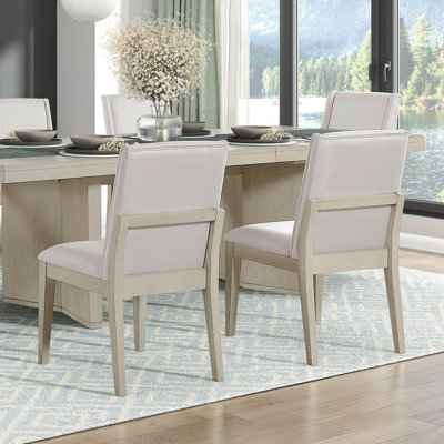 Beautiful Upholstered Side Chairs Set Of 2 Antique White Finish Dining Furniture Classic Ivory Fabric