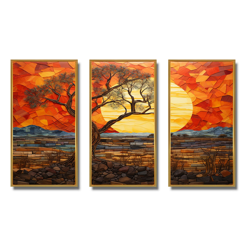 Savannah, coucher de soleil en safari africain dans les teintes 4 - décoration murale mosaïque bohème, Cadre flottant doré