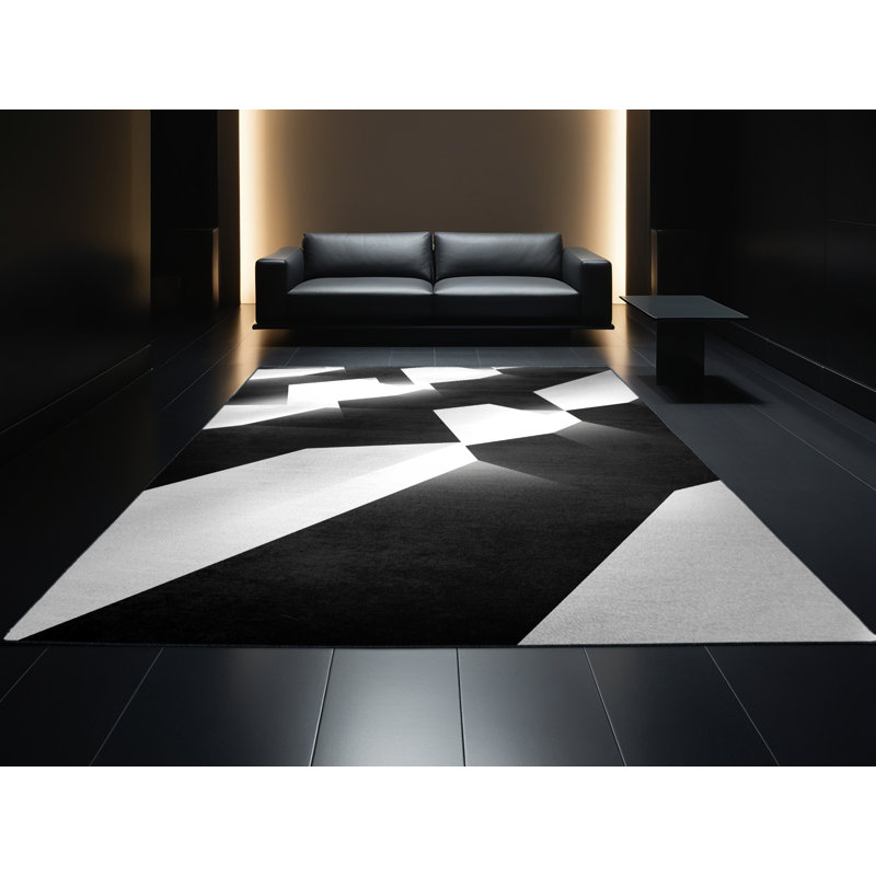 Tapis doux et moelleux à motif géométrique moderne et contemporain Havertown - reliure noire, 7 x 9