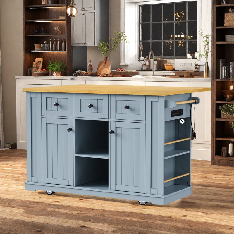 Grand îlot de cuisine de 53 po avec rallonge, prise de courant, rangement de porte et chariot de cuisine roulant, Bleu gris