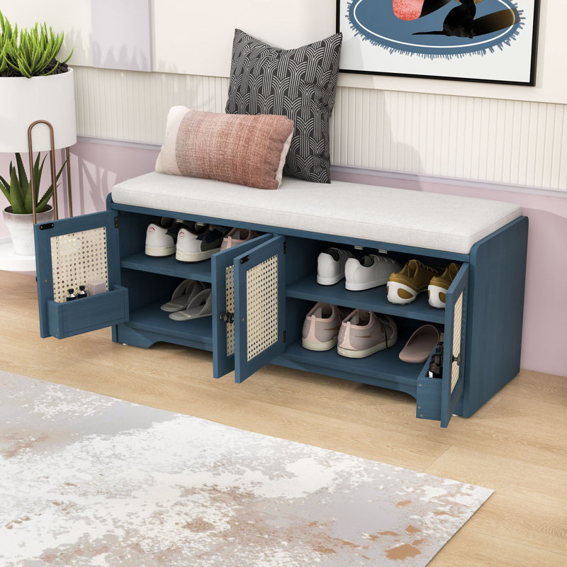 Banc à chaussures en bois avec portes en rotin tissé et tablettes réglables, Antique Navy/Beige