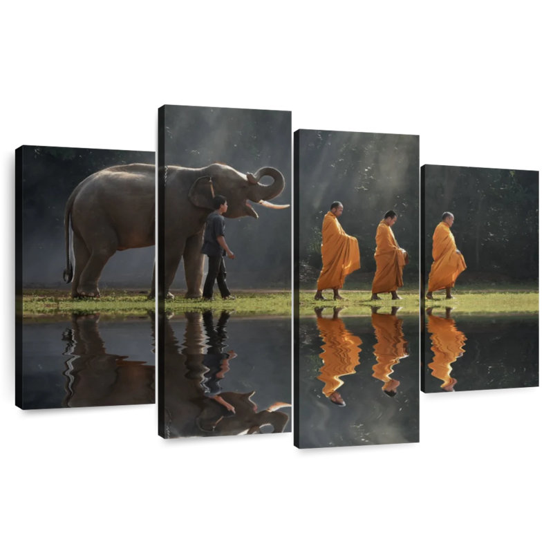 Moines et éléphants bouddhistes Adella, H 48 po x l 75 po
