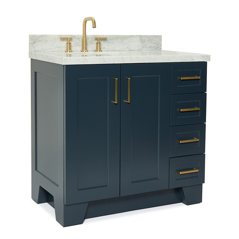 Meuble-lavabo simple en bois massif de 37 po de couleur bleu nuit avec plateau en marbre de Carrare de 1,5 po Freitas, évier droit décalé et rectangulaire