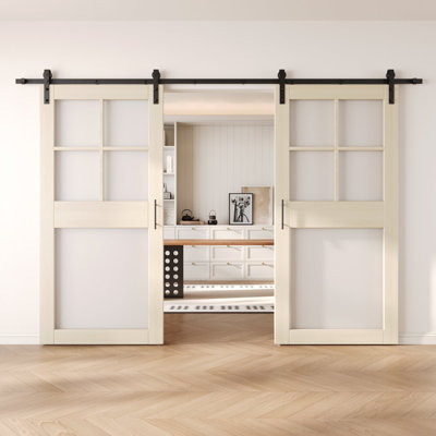 Portes de grange non assemblées et finies en verre givré 40 po x 84 po à 5 lumières Homacer Double Tinsmith Grey