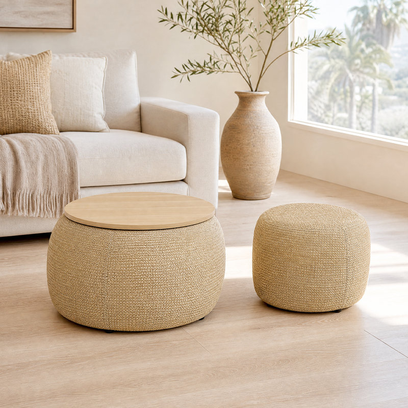 Repose-pieds 2 en 1 avec rangement en tissu rond - Repose-pieds, siège et table de bout en un, Jaune clair