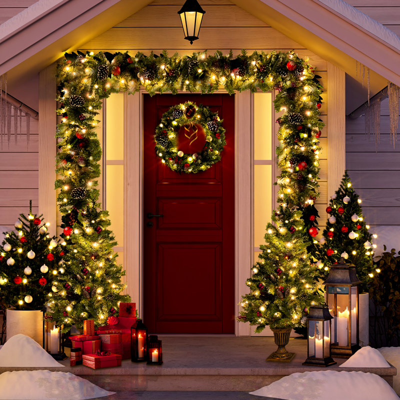 Ensemble 4 pièces d'arbre de Noël artificiel pré-éclairé - comprend une guirlande, une couronne et 2 arbres d'entrée (340 lumières DEL blanc chaud, 960 pointes de branches)