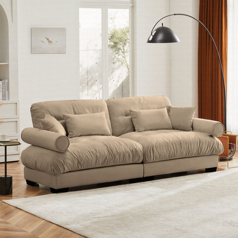 Modern Two-Seater Sofa With Bolstered Armrests, Velvet 2-Seater Sofa With Waist Pillows And Throw Pillows, Camel