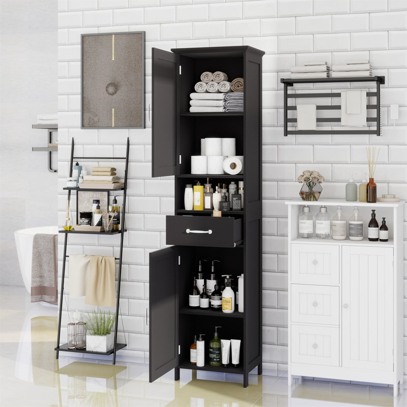 Double Door Narrow Height Slim Bathroom Storage Cabinet With 2 Adjustable Shelves, Black