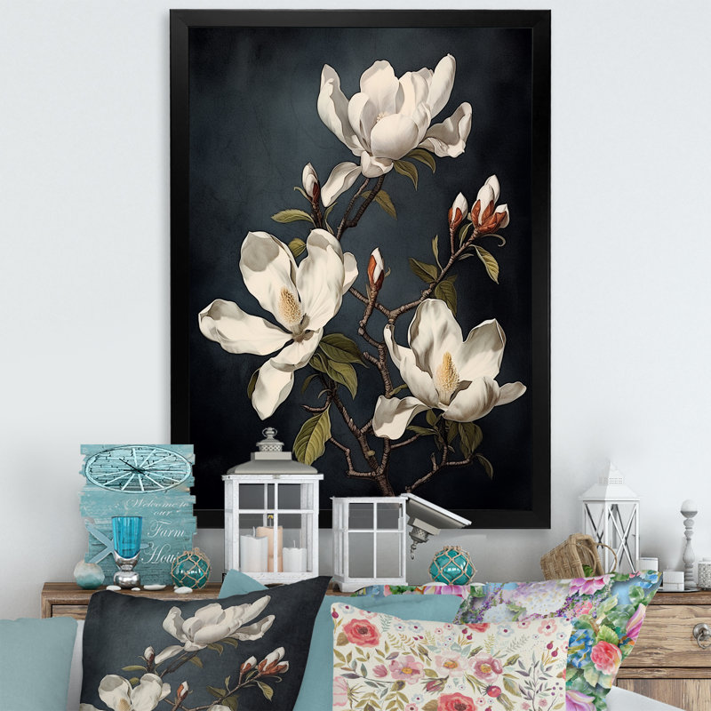 «White Blooimg Magnolias Trees II», reproduction sur toile, Cadre simple noir, H 32 po x l 16 po x P 1 po