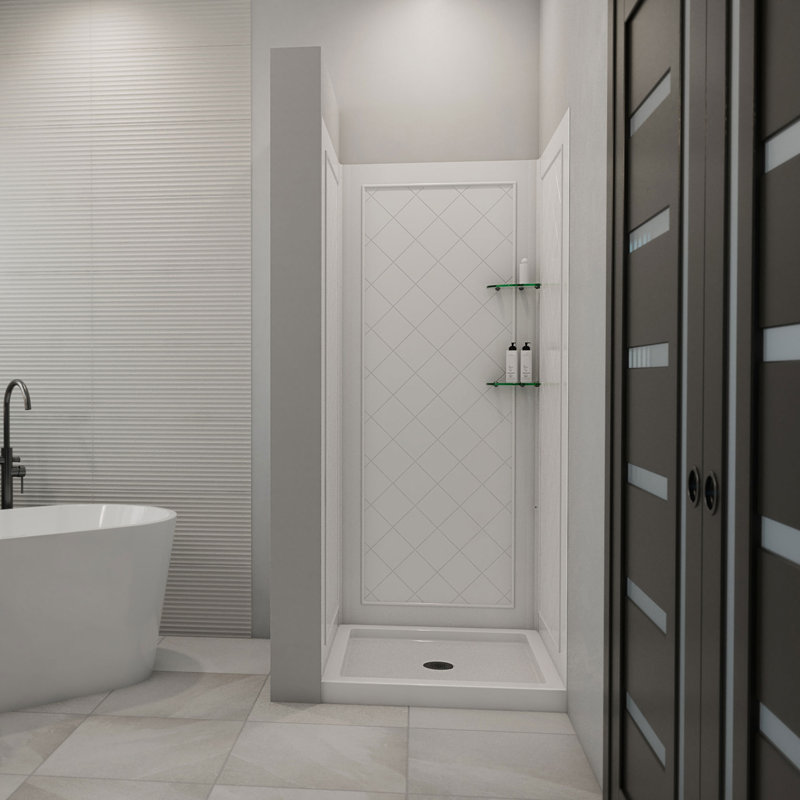 White Acrylic Square Alcove Shower Kit with Tile Pattern
