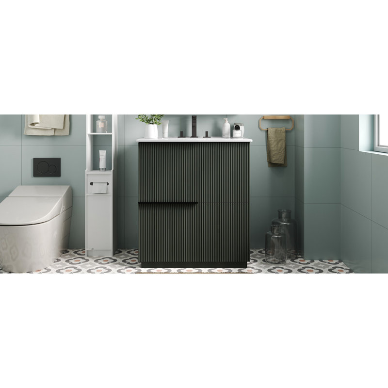 Meuble-lavabo de 30 po avec ton, lavabo en céramique, tiroirs pleine extension et glissières à fermeture en douceur pour une mise à niveau de style avec une conception cannelée et un rangement efficace