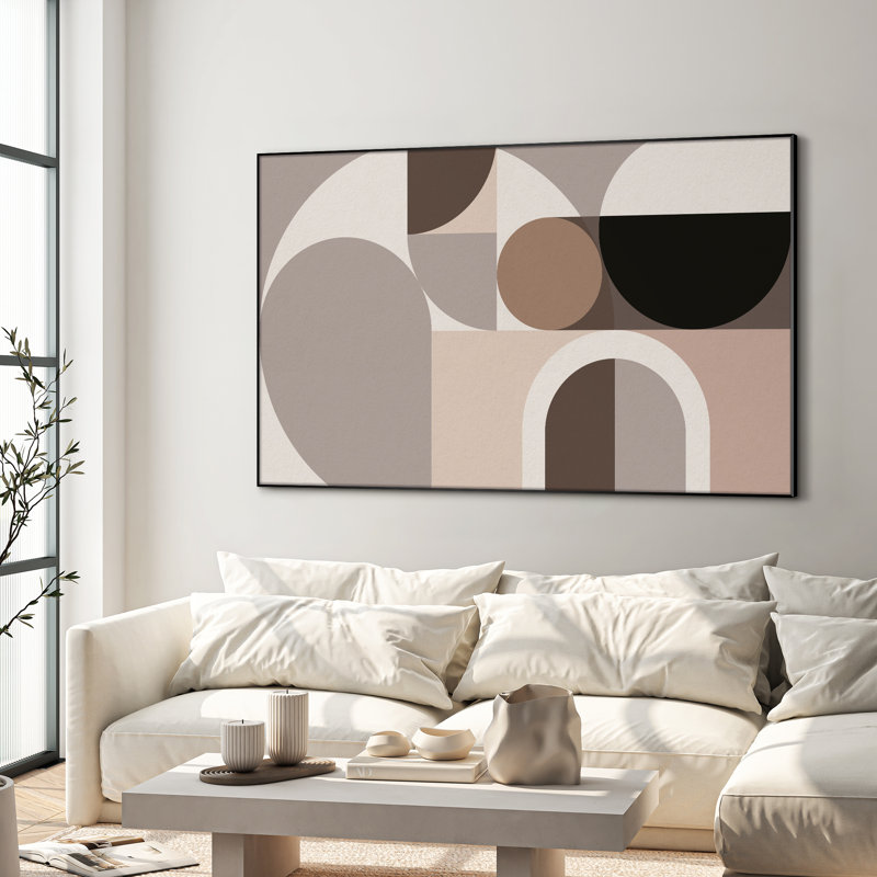 Reproduction d'art encadré très grand moderne moderne à motif géométrique beige et brun (assemblage requis)