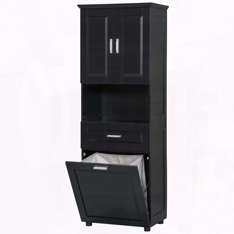 Armoire de salle de bain haute avec panier à linge inclinable, Noir