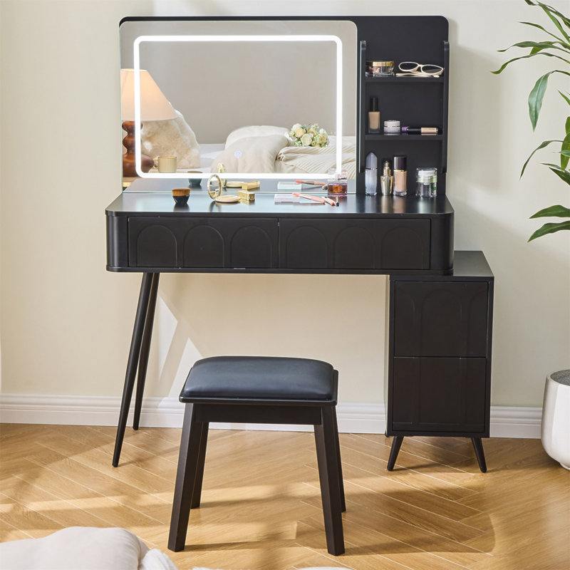 Modern Makeup Vanity Desk With LED Lights & Mirror, 4 Drawer Dressing Table Set With Stool, 3 Colors Dimmable Brightness, Space-Saving For Bedroom